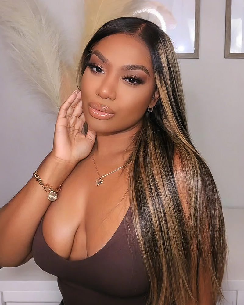 Arabella 13x6 lace front three-Go balayage highlight glueless wig silky straight with drawstring 100% human hair wig