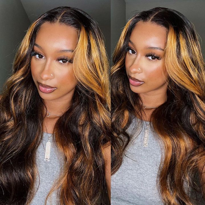 Arabella 360 Full Lace Glueless Auburn Highlights on Black Hair Body Wave Wig Invisi Drawstring Pull & Go