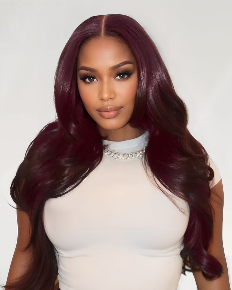 Arabella 13x4 Frontal Lace Dark Plum Body Wave Wig Invisible Knots Realistic Hairline