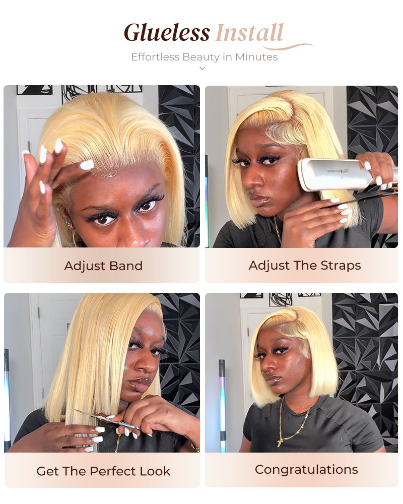 Arabella 6x5 Invisible Knots Glueless & 13x4 Frontal Lace Straight Bob Wig Pre-cut Lace 613 Blonde Beginner Friendly