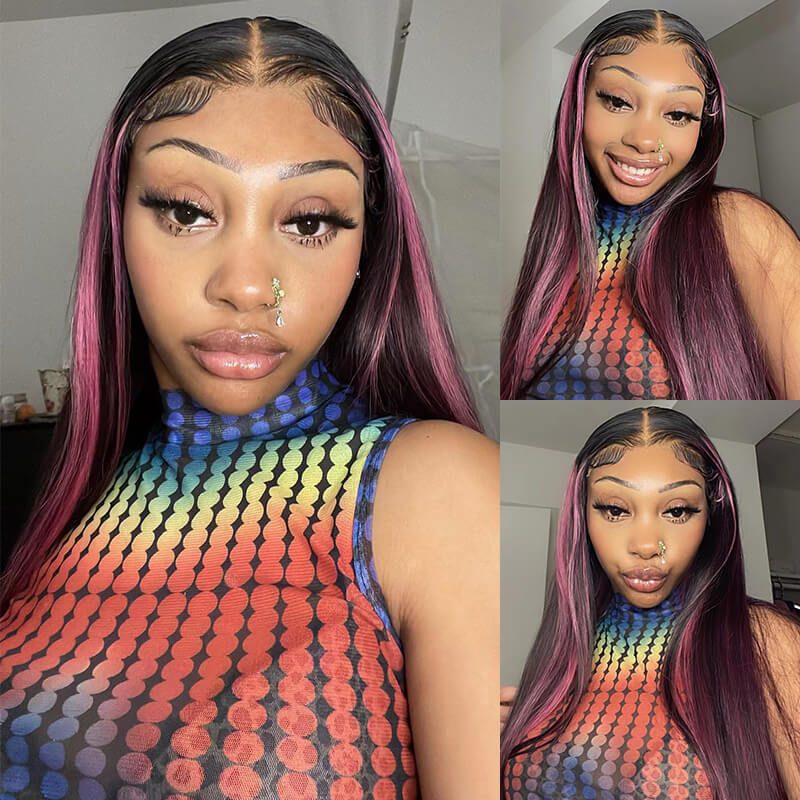000【BOGO】Red Purple Highlights Color Straight 13x4 Lace Front Human Hair Wigs Free Part