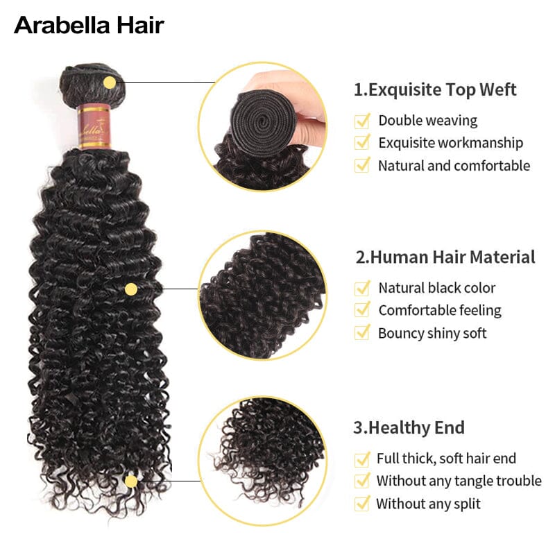 {12A 3Pcs} Jerry Curly 3 Bundles Human Hair Weft Natural Color Unprocessed Virgin Hair Weave Arabella Hair