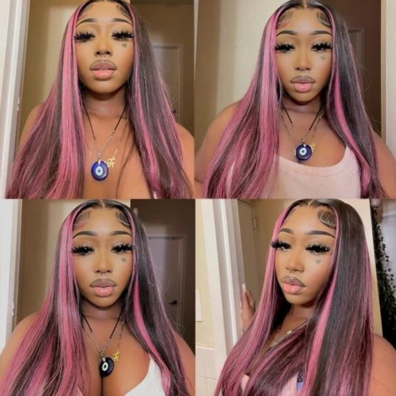 000【BOGO】Red Purple Highlights Color Straight 13x4 Lace Front Human Hair Wigs Free Part
