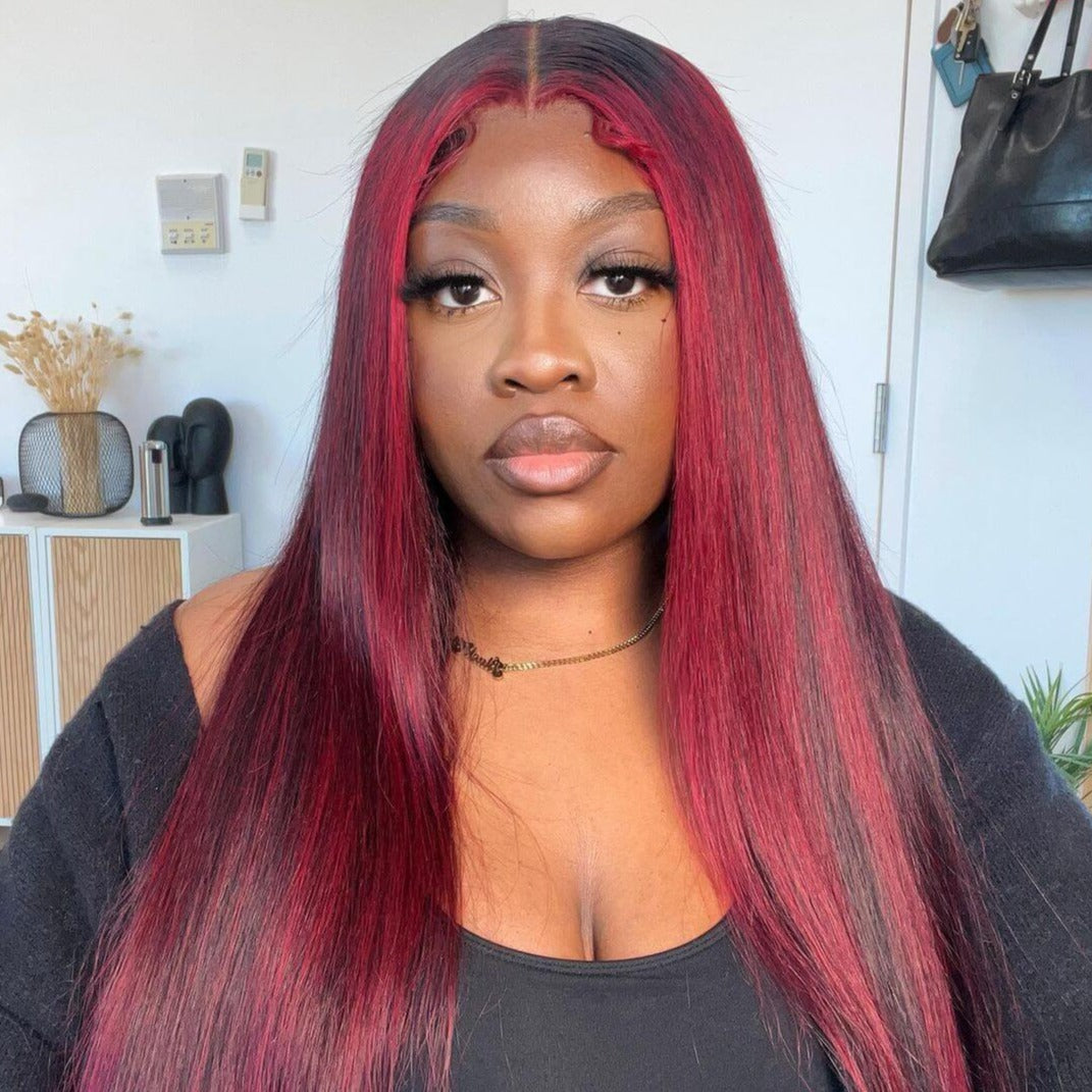 000 13x4 Lace Dark Burgundy With Rose Red Highlights Straight HD Lace Color Human Hair Wigs