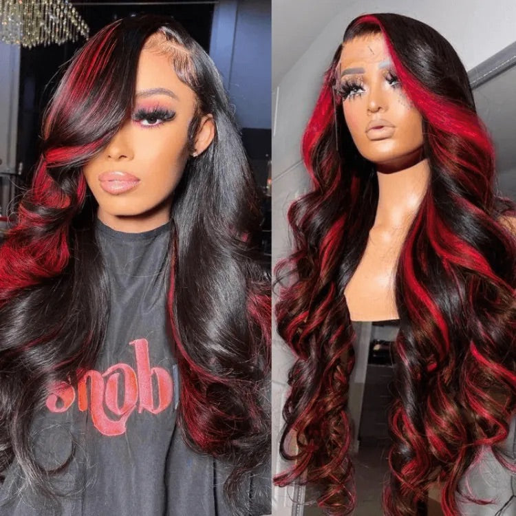 Arabella 13x4 Frontal Lace Red Highlight Body Wave Wig Invisible Knots Realistic Hairline