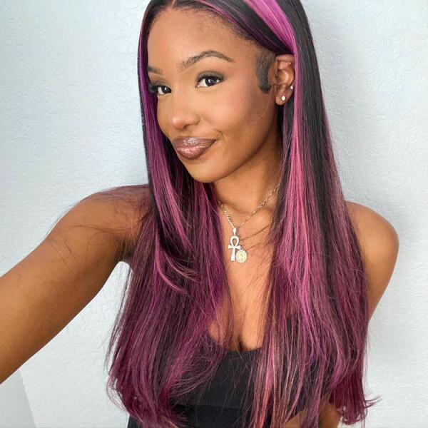 000【BOGO】Red Purple Highlights Color Straight 13x4 Lace Front Human Hair Wigs Free Part