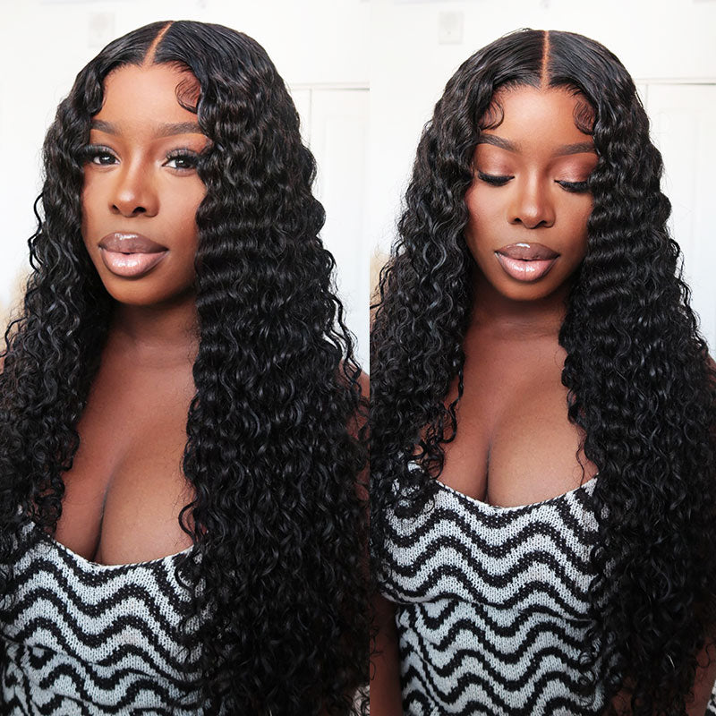 Arabella 6x5 Invisible Knots Glueless & 13x4 Frontal Lace Deep Wave Wig Pre-cut Lace Natural Black Beginner Friendly