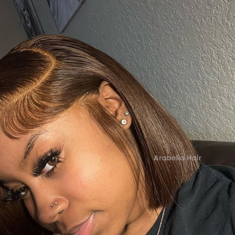 Minimalist Short Bob: Chestnut Brown 13x4 Lace Front Straight Human Hair Wig with Free Part