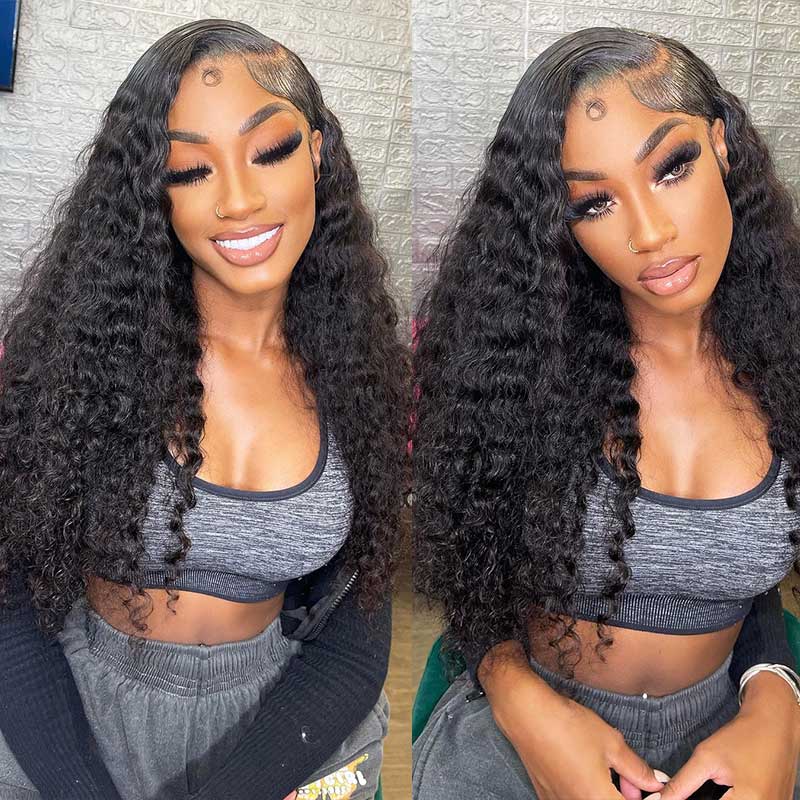 13x4 Lace Frontal Wig Water Wave Human Hair Wigs For Beginners Natural Black Free Part