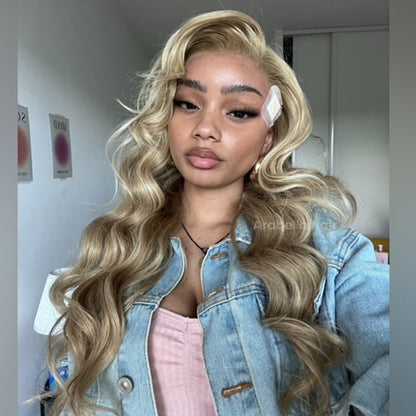 @Jaydajonet  Same | Blowout In Wavy 13x4 Lace Front Mixed Brown and Blonde Highlights Color Human Hair Wig