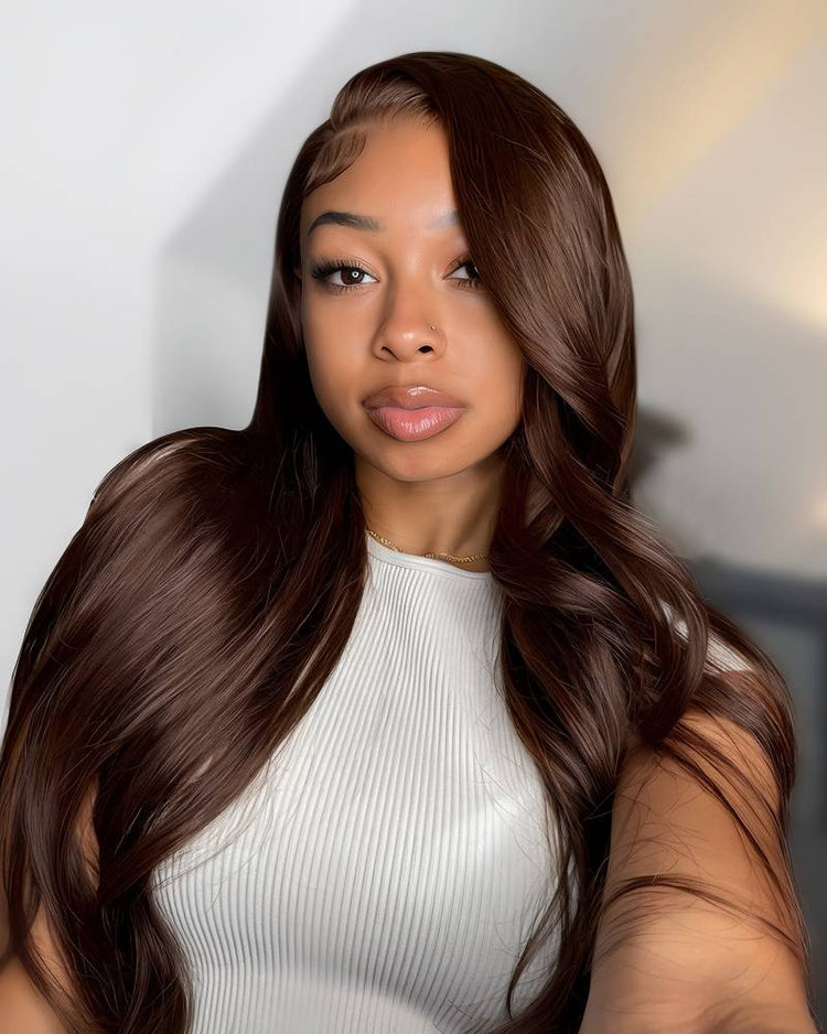 Arabella 13x4 &amp; 6x5 lace frontal glueless human hair chocolate brown body wave wig transparent lace hair style side part