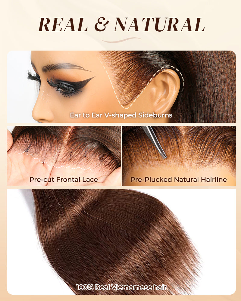 Pre-cut frontal lace wig with pre-plucked natural hairline, ready for easy glueless application.
