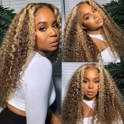 13X4 Lace 26" Honey Blonde Piano Highlights Color Lace Front Deep Wave Human Hair Wigs