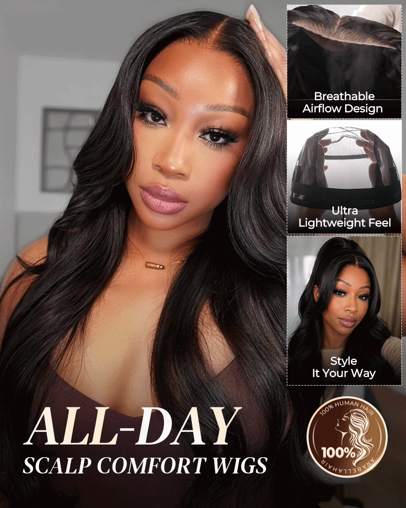 Arabella 13x6 Three-Go™ Glueless Wig Body Wave With Drawstring Natural Black 100% Human Hair Wig
