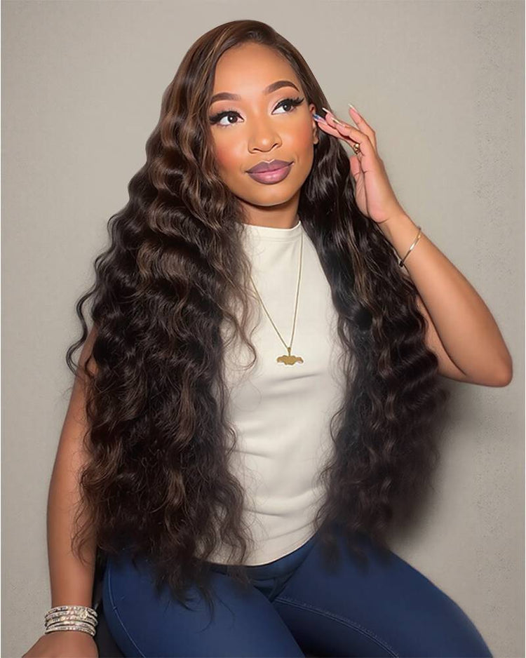 Arabella 13x4 Frontal Lace Auburn Highlights on Black Hair Loose Deep Wave Wig Invisible Knots Realistic Hairline