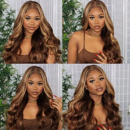 4x4 Glueless Lace Closure Honey Blonde Piano Highlights Colored Body Wave Human Hair Wigs