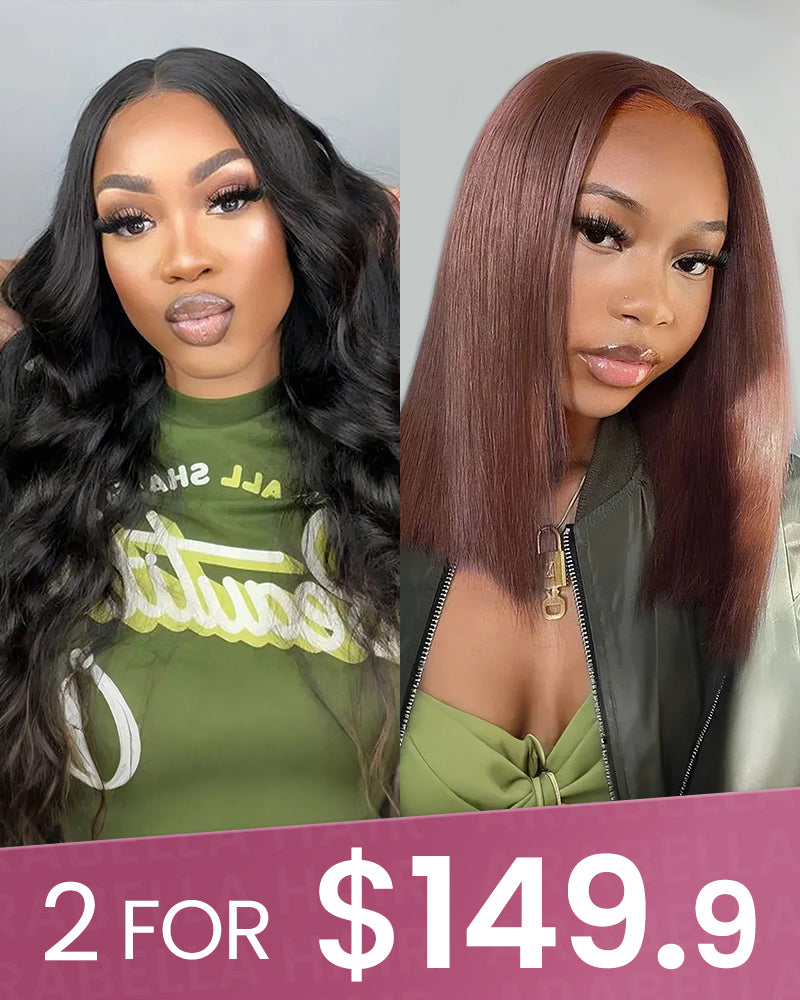 18&quot; V-Part Body Wave Human Hair Wig + 12&quot; Chestnut Brown 6x5 Lace Straight Bob Wig