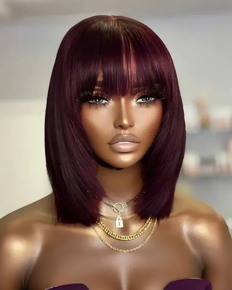 14&quot; V-Part Deep Curly Bob Wig + 12&quot; Reddish Purple Burgundy Layered Straight Wig With Bangs