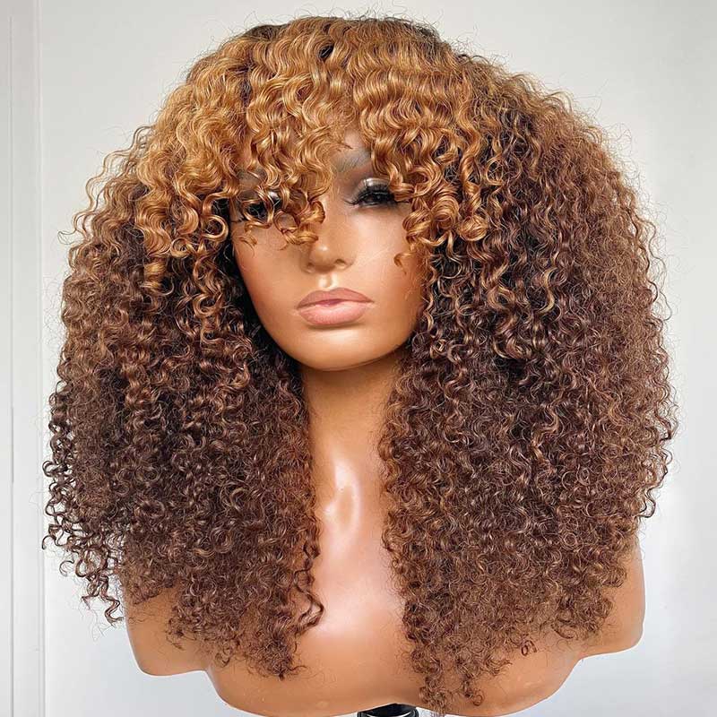 P4/27 Ombre Afro Kinky Curly Wig With Bangs Full Machine Made Wigs Remy Hair