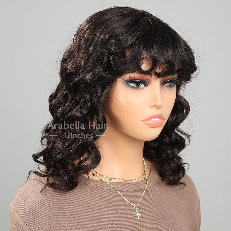 Minimalist Short Bob: Loose Wavy Wig with Bangs - Glueless, Non-Lace, Machine Made