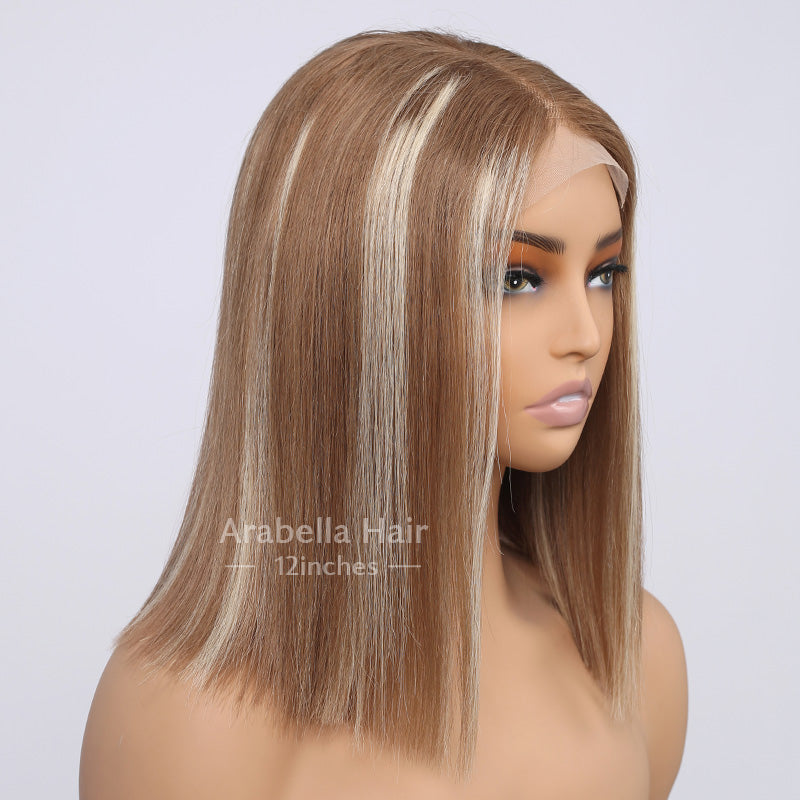 00013x4 Lace Front Mixed Brown &amp; Blonde Color Straight Human Hair Wig Straight 12(bob haircut)