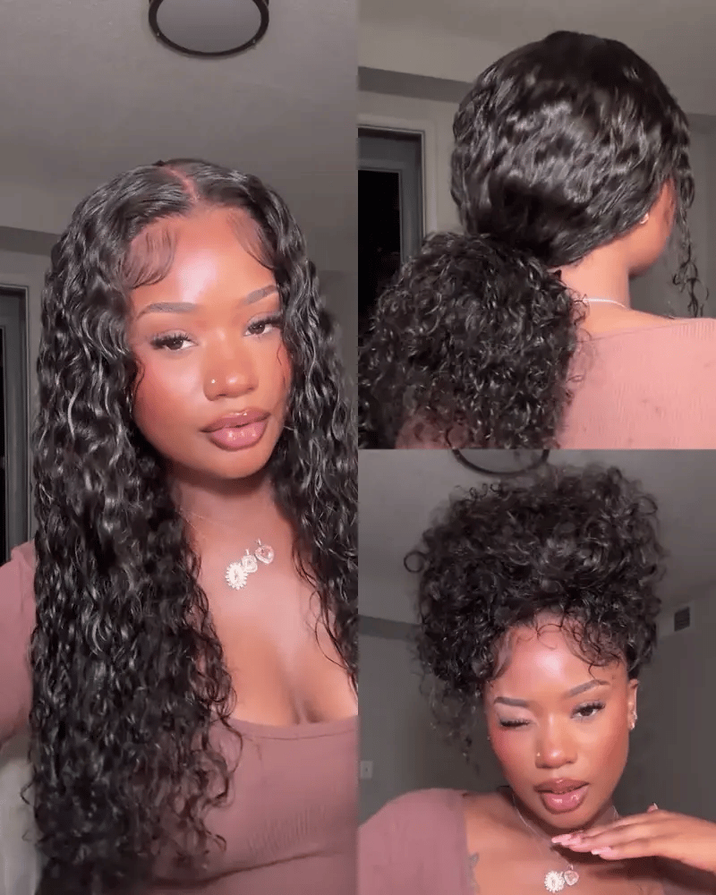 Arabella 13x6 Three-Go™ Glueless Wig Water Wave With Finger Coil Ends Natural Black With Drawstring