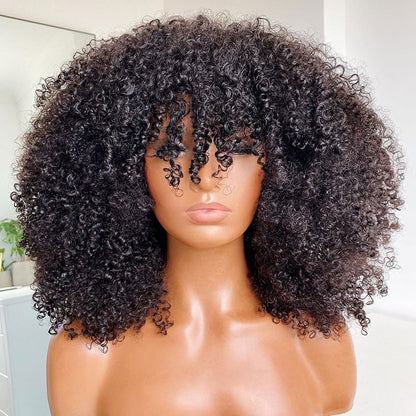 [Clearance Sale]Afro Kinky Curly Wig With Bangs Natural Black Full Machine Made Wigs Remy Hair