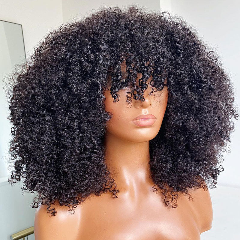 [Clearance Sale]Afro Kinky Curly Wig With Bangs Natural Black Full Machine Made Wigs Remy Hair