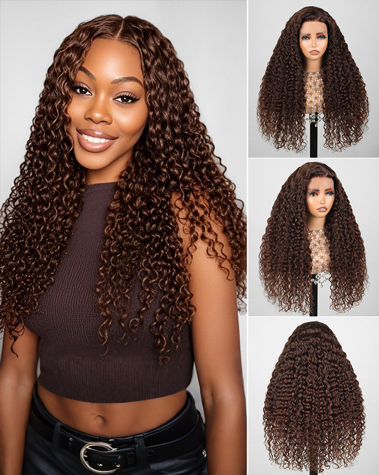 【$299 = 2 WIGS】Arabella 13x4 Frontal Lace &amp; 6x5 Invisible Knots Glueless Chocolate Brown Water Wave Wig Invisible Knots Realistic Hairline