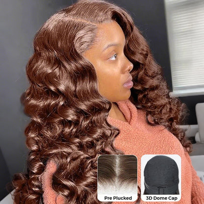 13x4 Lace Dark Brown Colored Loose Wave Glueless Lace Wig Pre-Bleached Knots Human Hair