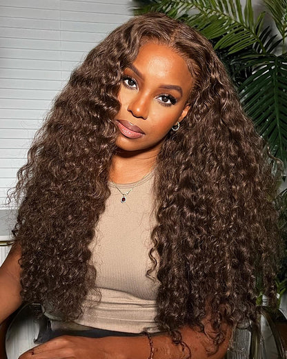 Glueless 13x4 Chestnut Dark Brown Lace Front Water Wave Glueless Wig Pre Plucked Human Hair Wigs