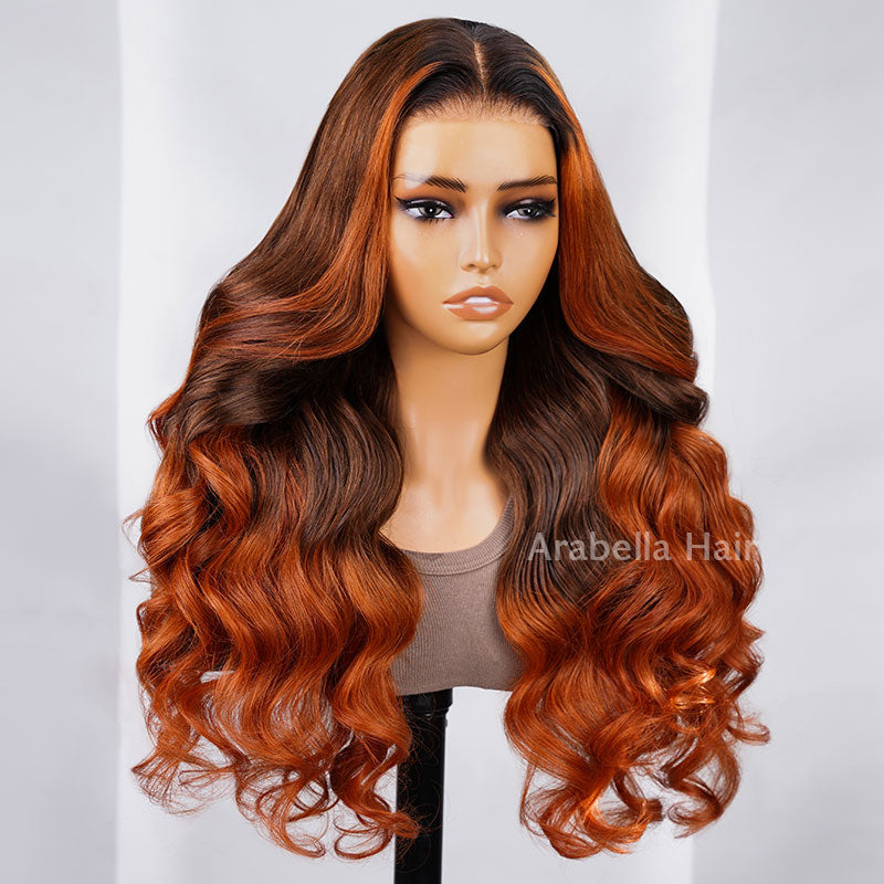 6x5 Pre-Cut Gluless &amp; 13x4 Lace Body Wave Ombre Brown Color With Ginger Color Bleached Knots Middle Part Human Hair Wigs