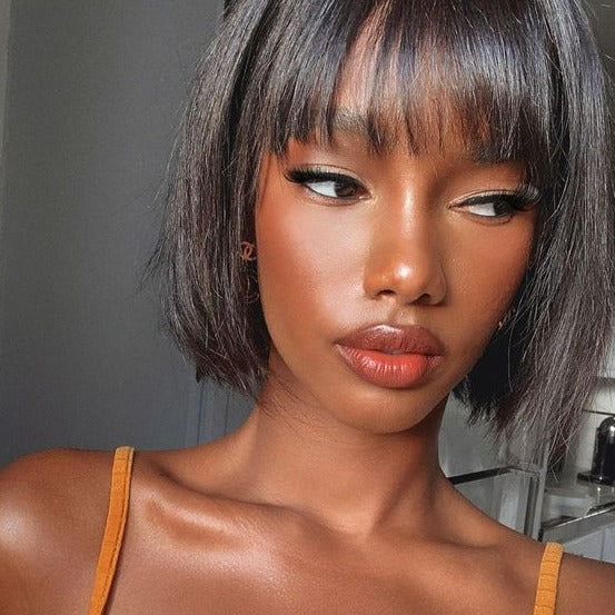 Minimalist Short Bob:Straight Short Bob Wigs with Bangs - Non-Lace Machine Made Human Hair