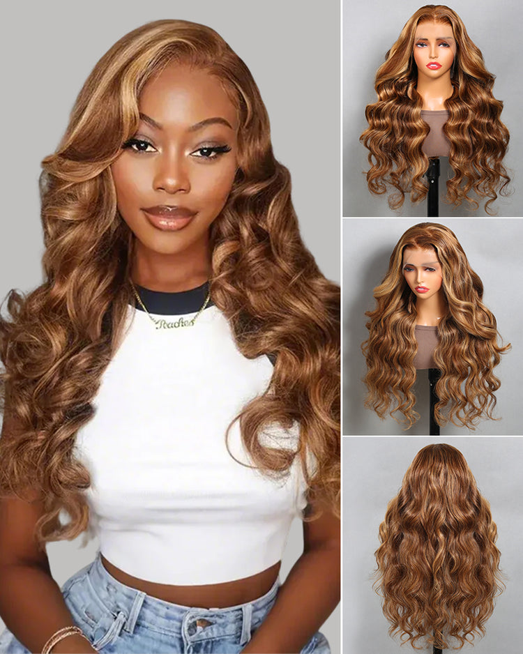Arabella 6x5 invisible knots Glueless Honey Blonde Highlights On Brown Wig Body Wave Wig Realistic Hairline