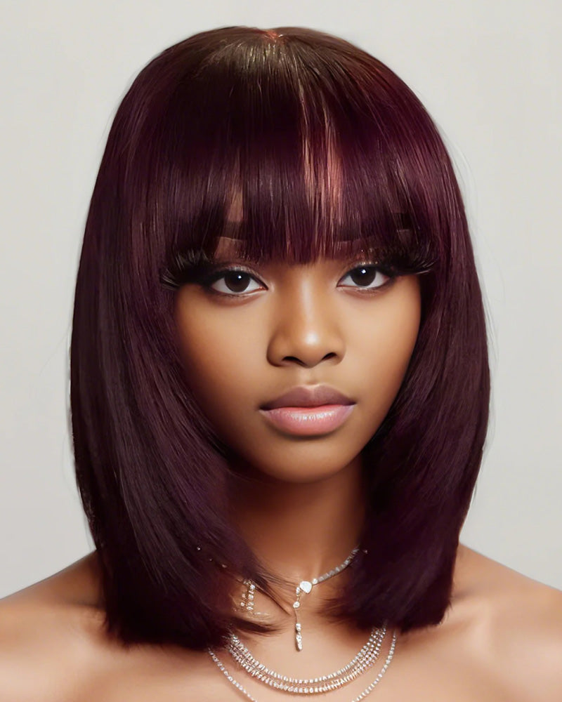 Last Sale: Minimalist Short Bob - Reddish Purple Burgundy Layered Straight with Bangs