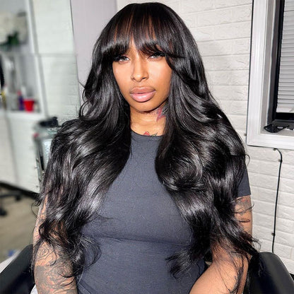 Long Body Wave With Bangs Glueless Wig Non-Lace Machine Made Natural Black Protective Style Human Hair Wigs