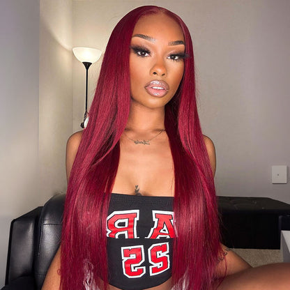 4x4 Lace Burgundy 99J Red Colored Hair Closure Wig - Straight Undetectable Glueless Hair Wig