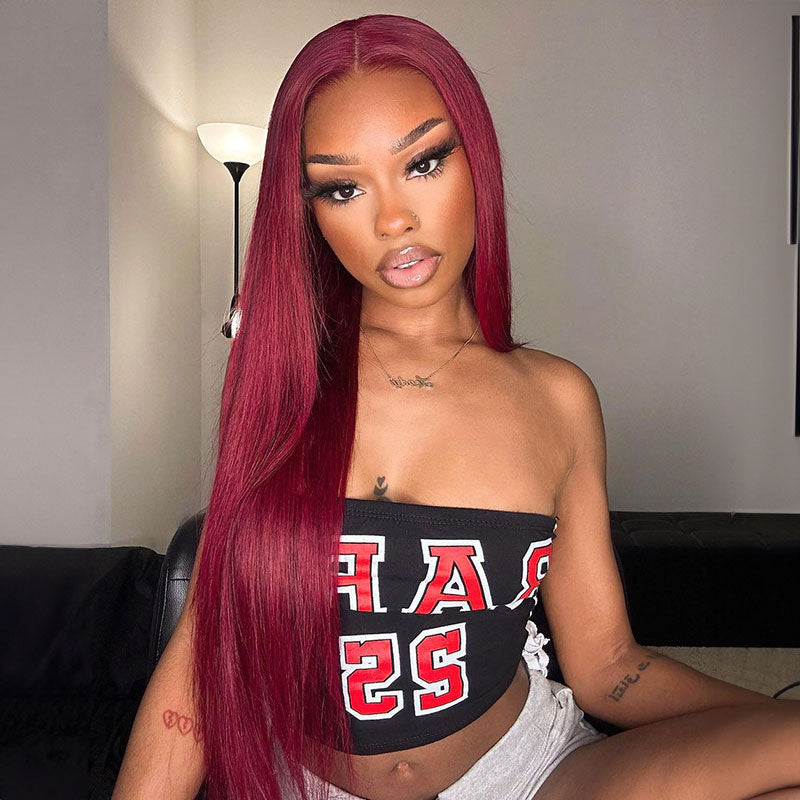 Model Wearing Red Straight Wig