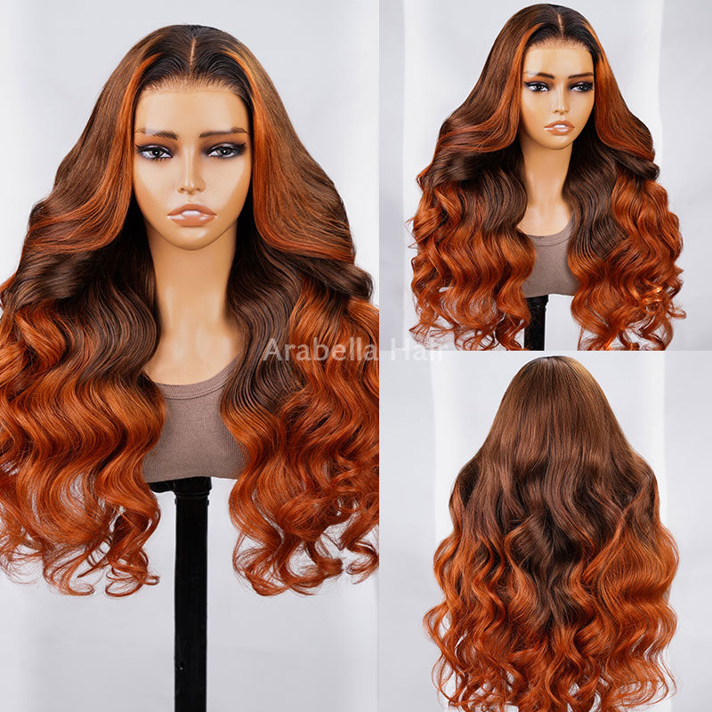6x5 Pre-Cut Gluless &amp; 13x4 Lace Body Wave Ombre Brown Color With Ginger Color Bleached Knots Middle Part Human Hair Wigs