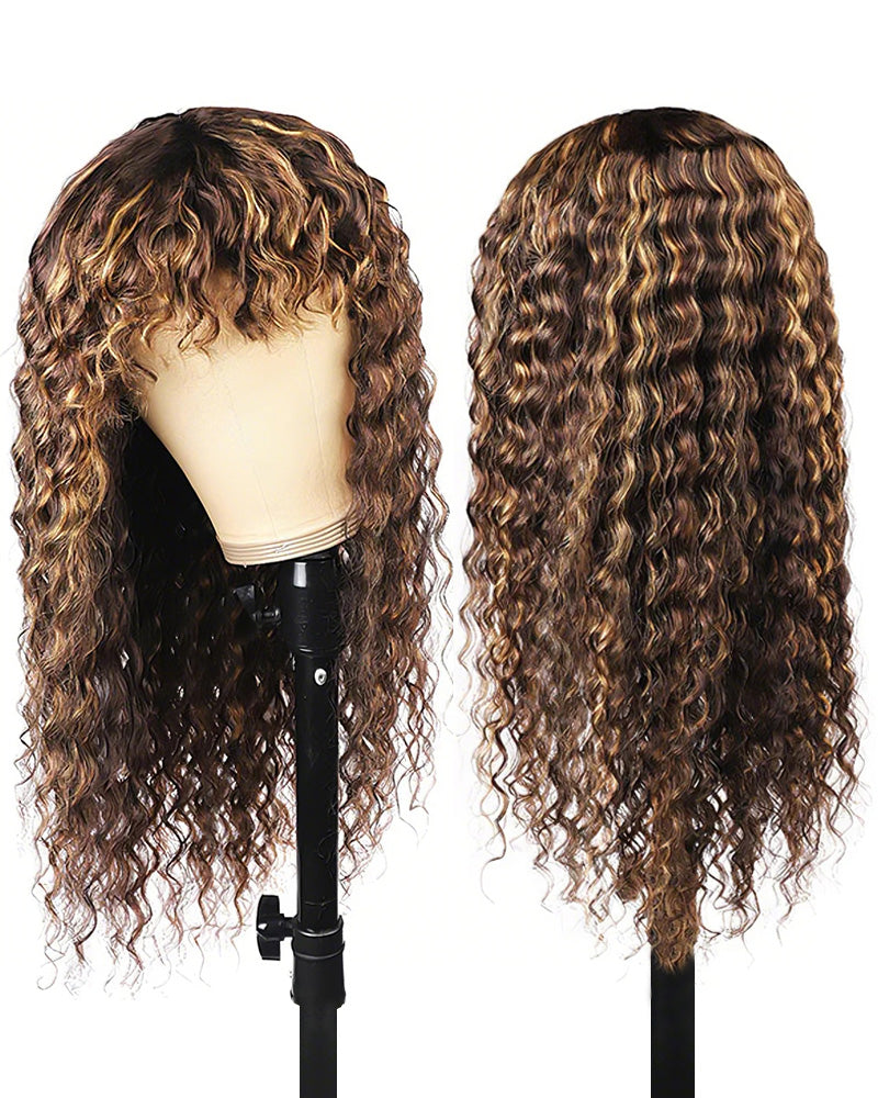 P4/27 Piano Highlights Color Wig With Bangs Deep Wave Curly Non-Lace Machine Made Colored Wig