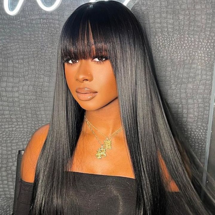 Straight With Bangs Wig Non-Lace Machine Made Natural Black Protective Style Human Hair Wigs