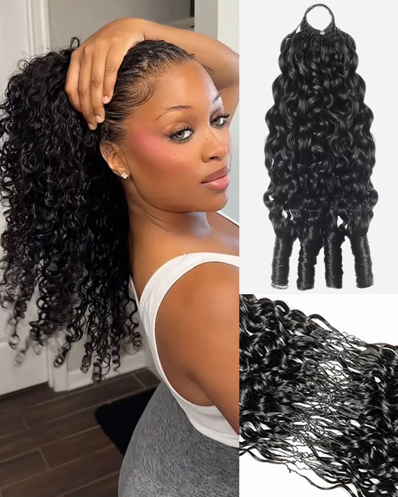 Arabella V-Part Natural Black Jerry Curly with Burmese Curly Wig+ Crochet Hair Invisi Drawstring Upgrade Clip