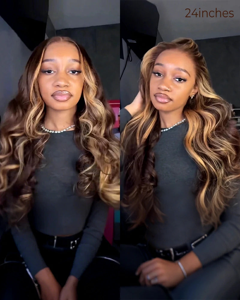 【$299 = 2 WIGS】Arabella 13x6 Three-Go™ Chocolate Brown Skunk Stripe Glueless Wig Body Wave With Drawstring 100% Human Hair Wig