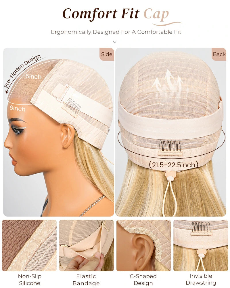 Arabella 6x5 Invisible Knots Glueless Blonde Khaki Highlight Straight Bob Wig Pre-cut Lace Beginner Friendly