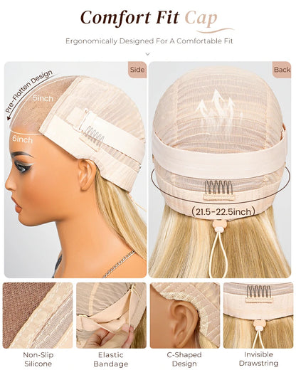 Arabella 6x5 Invisible Knots Glueless Blonde Khaki Highlight Straight Bob Wig Pre-cut Lace Beginner Friendly