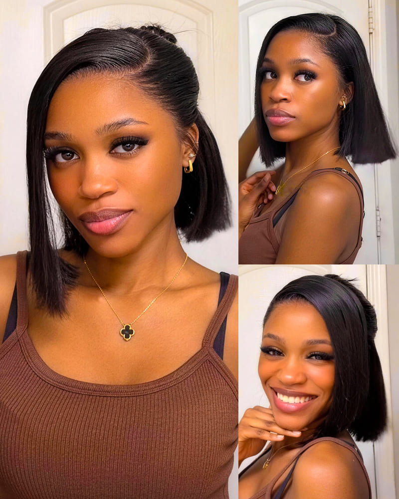 Arabella 13x5 Lace Glueless Straight Bob Wig With Pre-Cut Lace Invisible Knots Natural Black Virgin Hair Wig