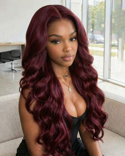 Arabella 13x6/6x5 Glueless Wig Dark Plum Body Wave Wig Invisible Knots Realistic Hairline