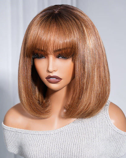 Arabella 6x6 Lace T Part Straight Bob Wig Ombre Highlight Honey Blonde with Bangs Glueless Beginner Friendly