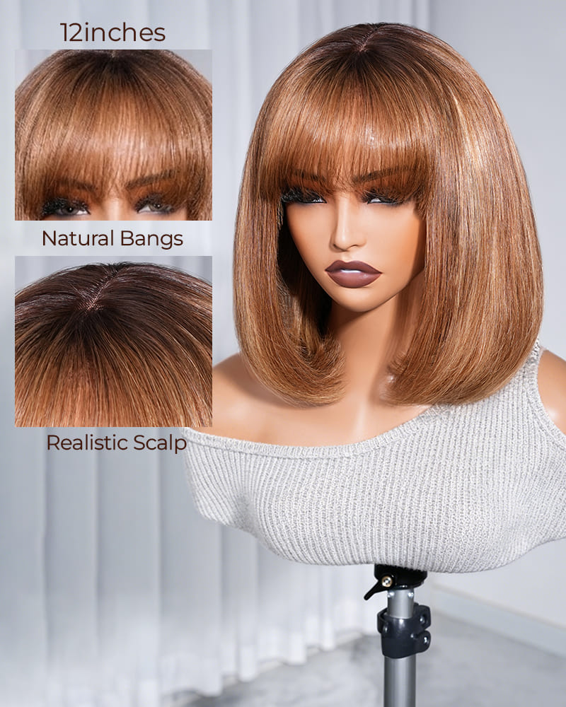 Arabella 6x6 Lace T Part Straight Bob Wig Ombre Highlight Honey Blonde with Bangs Glueless Beginner Friendly