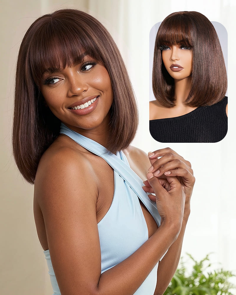 Arabella 6x6 Lace T Part Straight Bob Wig With Bangs Chocolate Brown Glueless Beginner Friendly